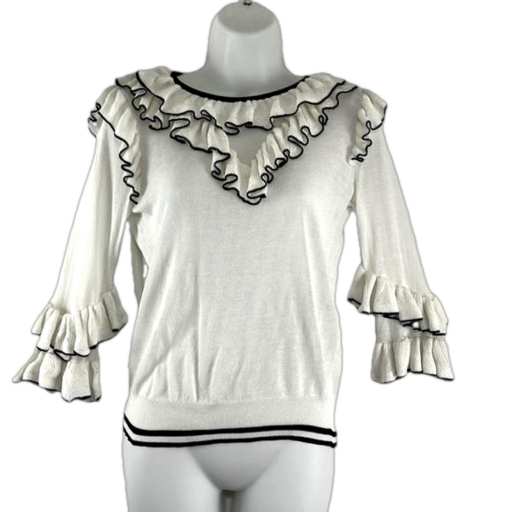 Maje Cream and Black Ruffled Coquette Girl Blouse